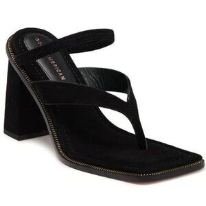 Good American Thong Zip Trim Sandals Womens Size 8.5 Black Suede Square Toe $180